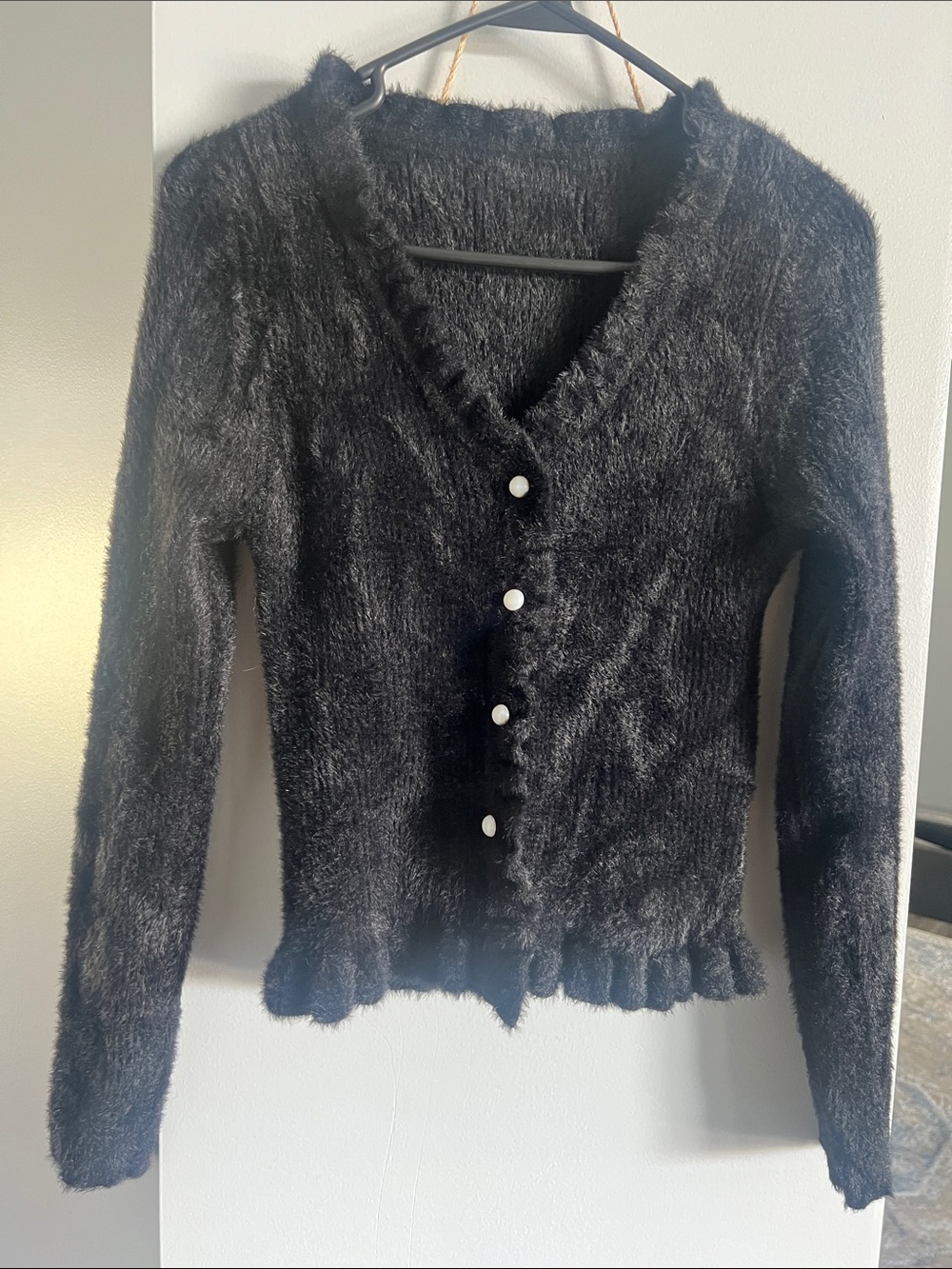 Fuzzy Black V-Neck Button Cardigan Sweater